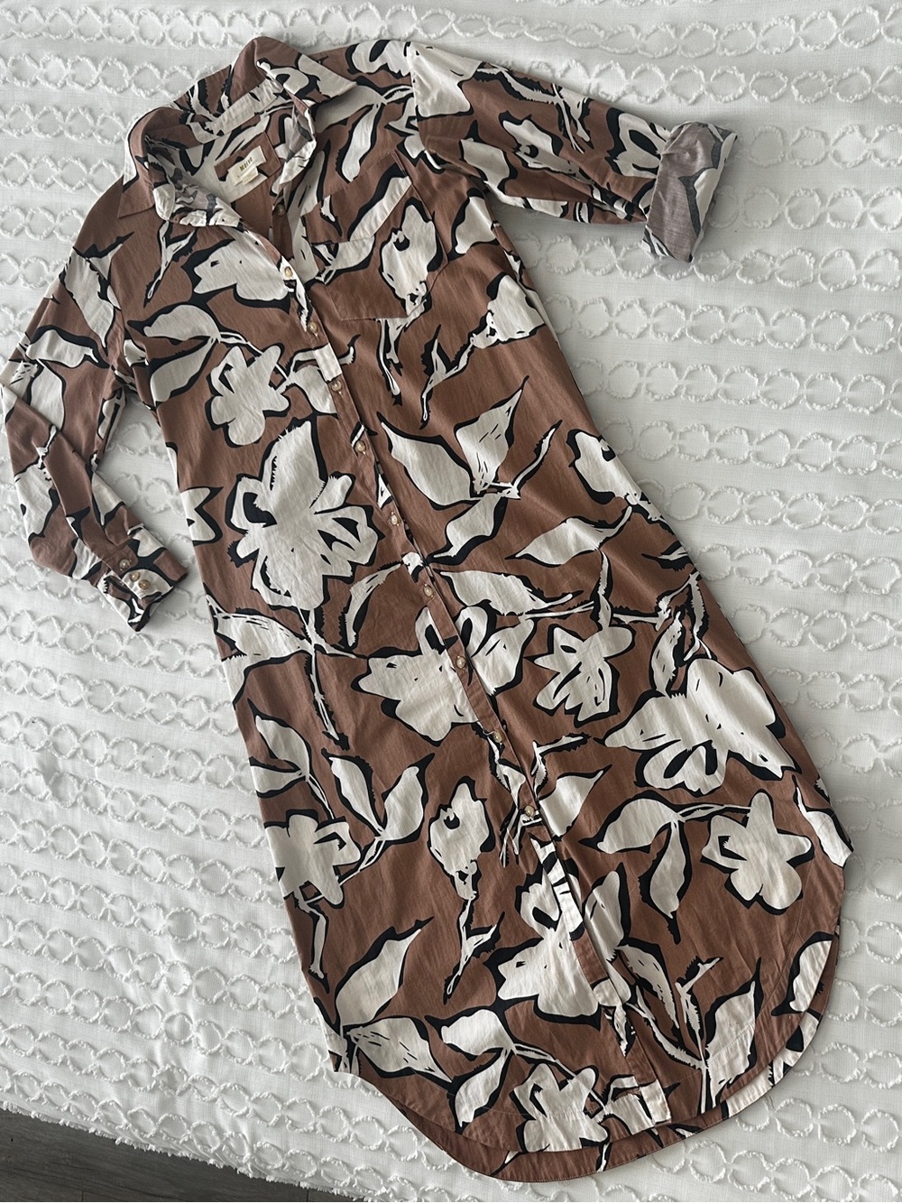 Anthropologie Soren Brown and White Floral Maxi Shirt Dress